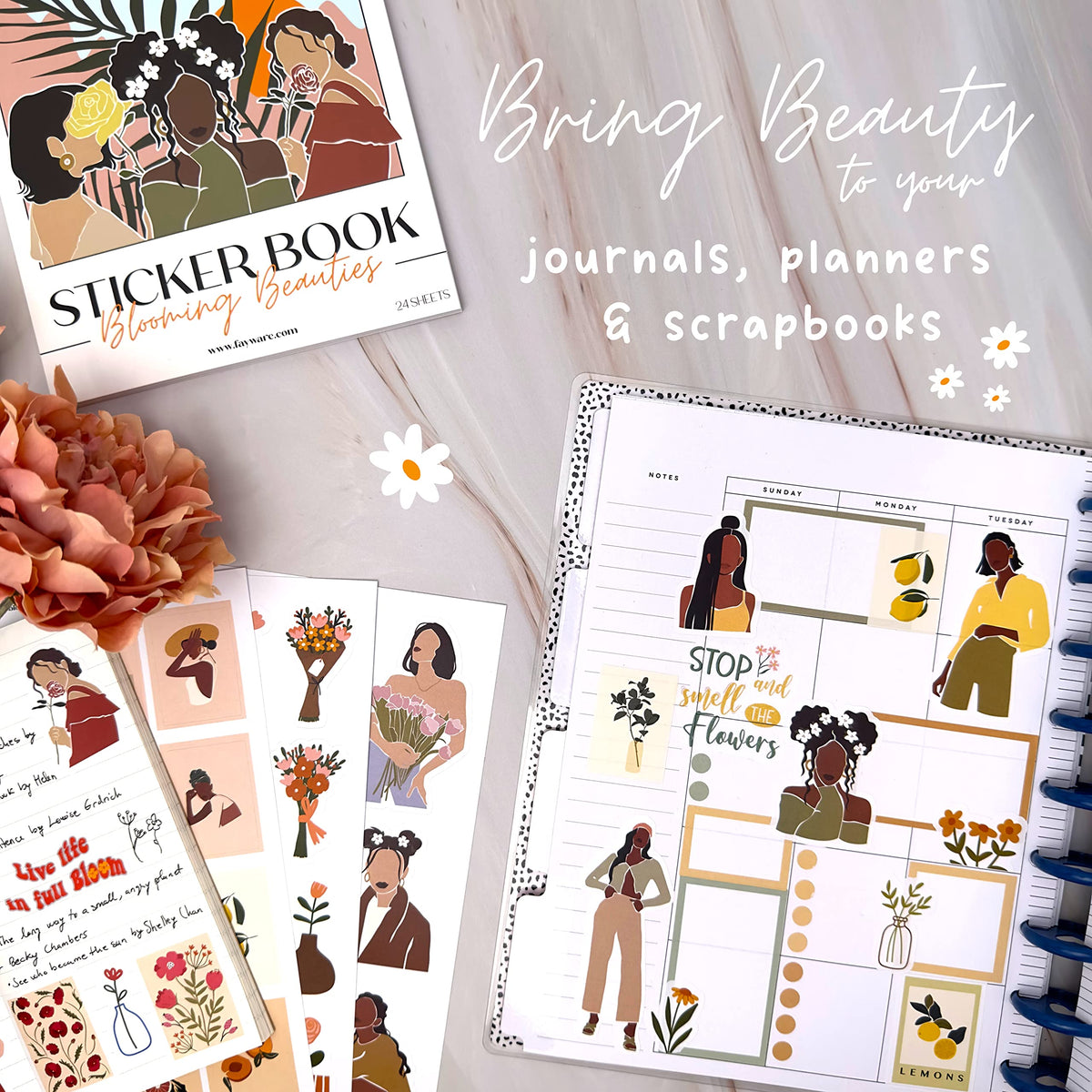 People Scrapbook Sticker Set - 318 Journaling Scrapbooking Stickers. Planner Sticker Dolls with Diverse Girls & Black Women, Flowers, and Quotes