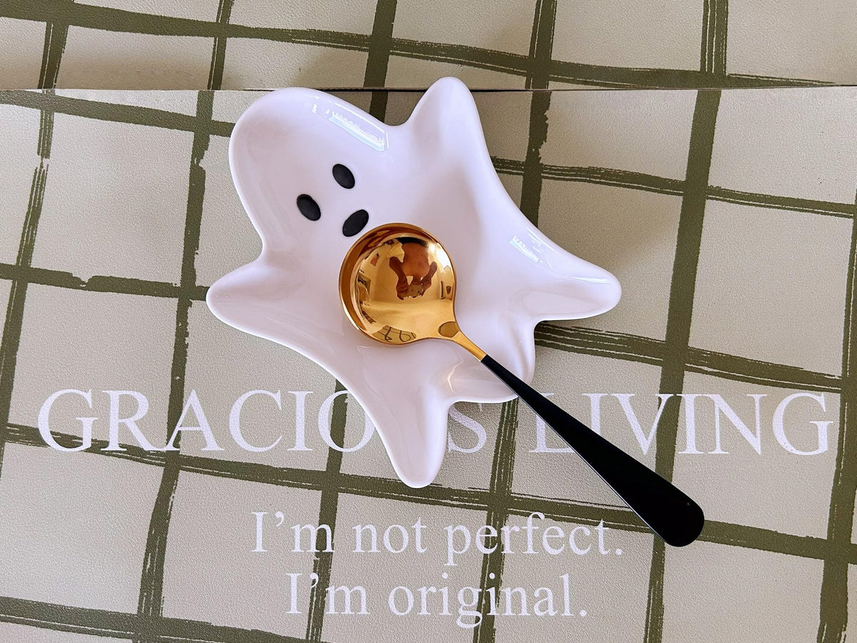 Ceramic Spoon Rest for Stove Top, Halloween Ghost Cute Spoon Rest for Kitchen Counter, Cooking Spoon Holder for Kitchen Counter, Utensil Rest Spatula Rest Ladle Holder Tong Rest (White)