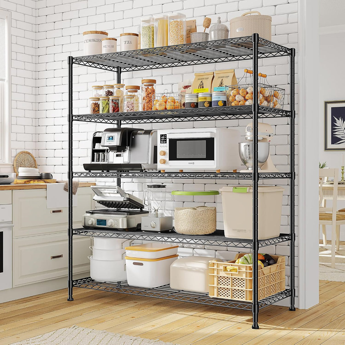 Skiennix 5-Tier Wire Shelving Unit - Adjustable Metal Storage Shelves for Kitchen, Garage & Pantry | 45"W x 13.5"D x 70.5"H - Black