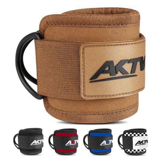 AKTV8 Ankle Straps for Cable Machine – 9mm Padded Neoprene Ankle Cuffs with Heavy Duty Dual D-Rings for Secure Glute Kickbacks, Hip Abductions, Cable Leg Curls & Lower Body Workouts (Brown, Single)