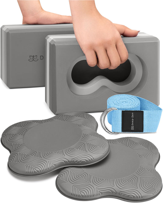 Deep-Zen® Yoga Blocks Wrist Support; Yoga Blocks 2 Pack with Knee Pads and Strap to Put Less Weight on Wrists; Durable, Versatile Yoga Brick Exercise Block Set, Blocks Yoga (Grey)