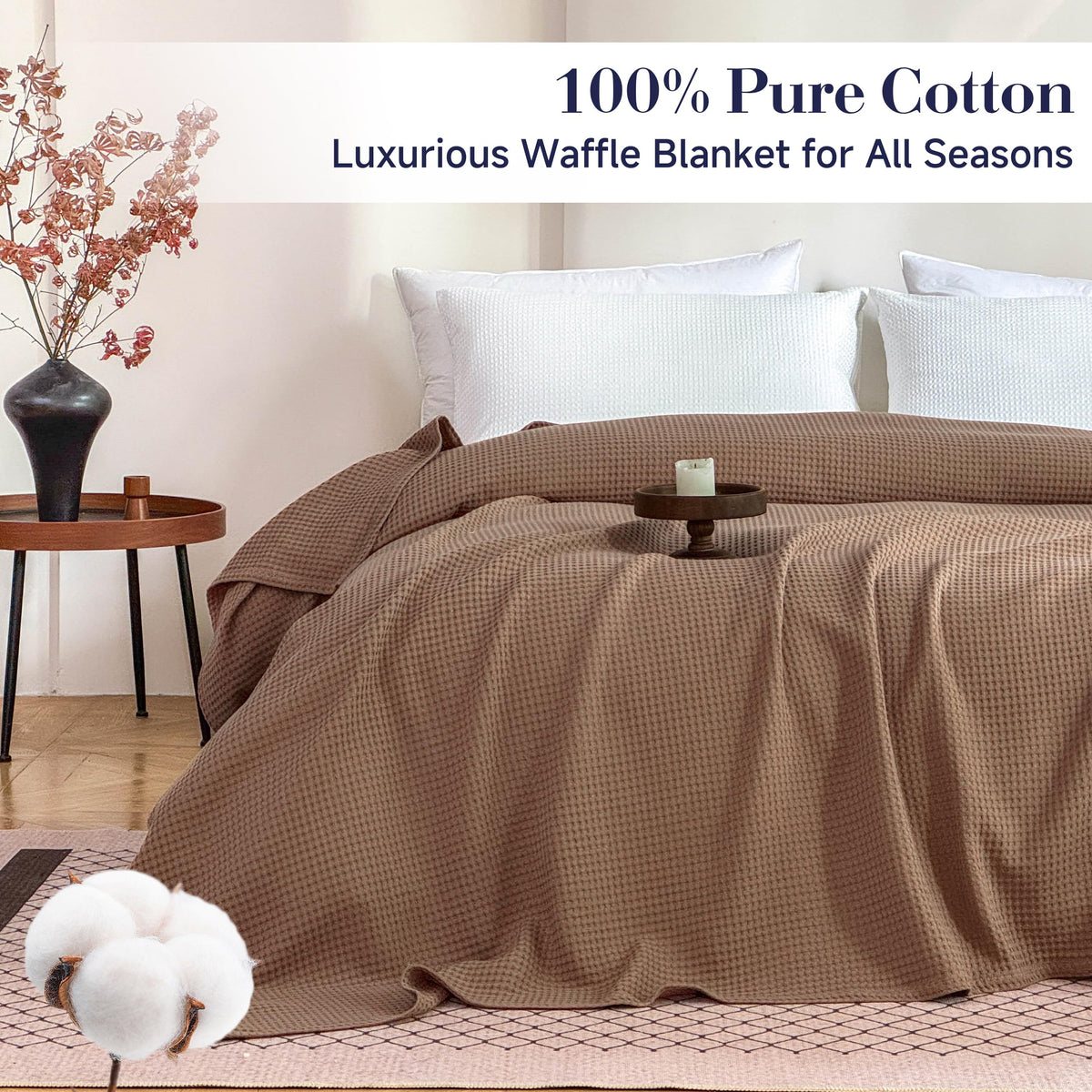 Simple&Opulence 100% Cotton Waffle Weave Throw Blanket 40"x50", Soft Lightweight Breathable Cozy Washed, Layer Blanket for Couch Bed Sofa, Farmhouse Home Decor for Adults All-Season, Light Brown
