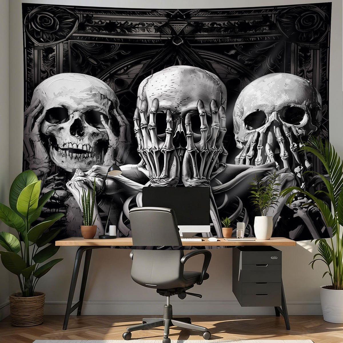 Mitpok Gothic Skull Tapestry Spooky Black Skeleton Goth Vinatge Witchy Funny Hilarious Cool Unique Wall Decor 59Hx78W Inch Halloween Wall Art Hanging Bedroom Living Room Dorm Wall Home Decor