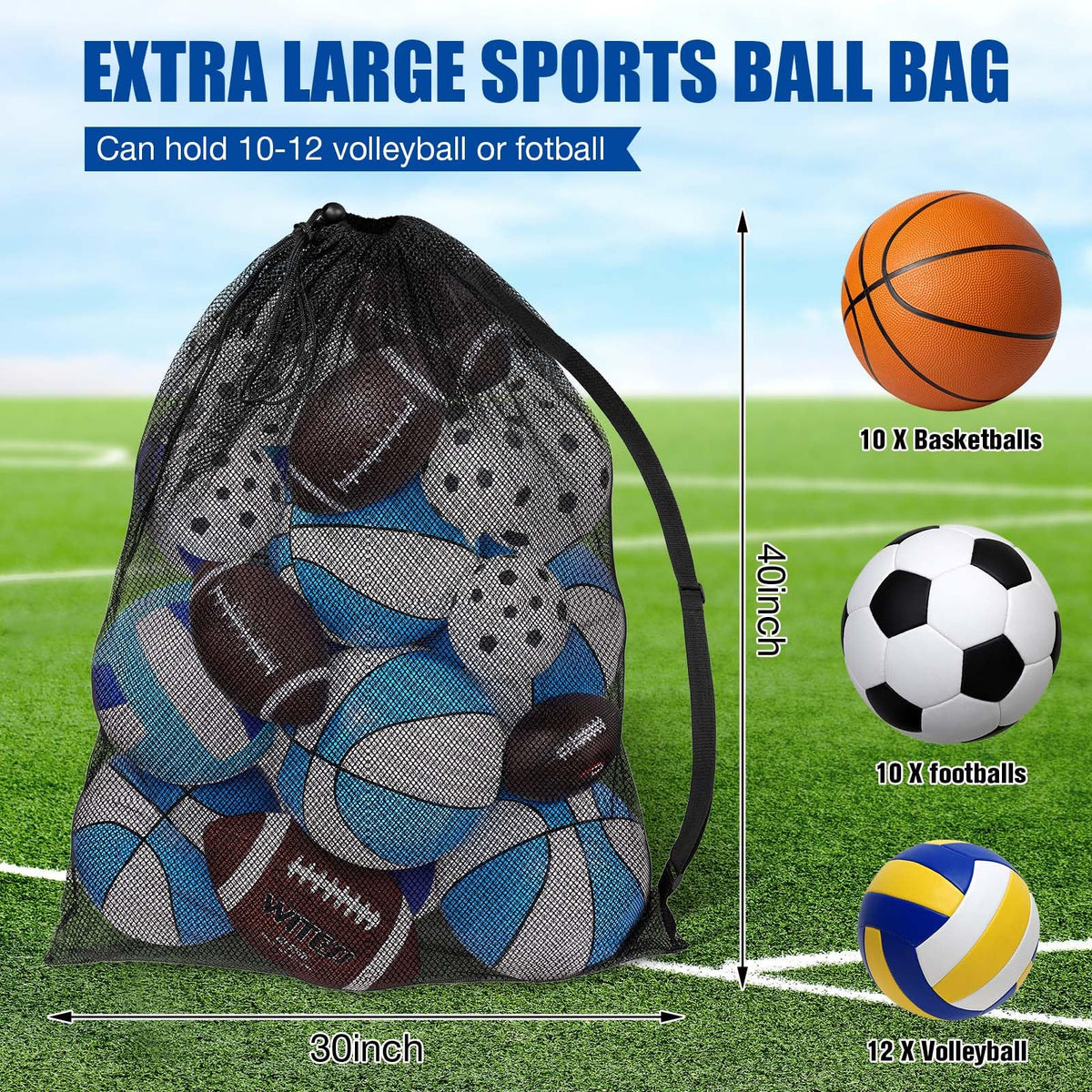 Shappy 8 Pack Extra Large Sports Ball Bag 30 x 40 Inches Mesh Soccer Basketball Bags Large Mesh Pouch with Adjustable Shoulder Strap for Football Volleyball Gym Sports Equipment