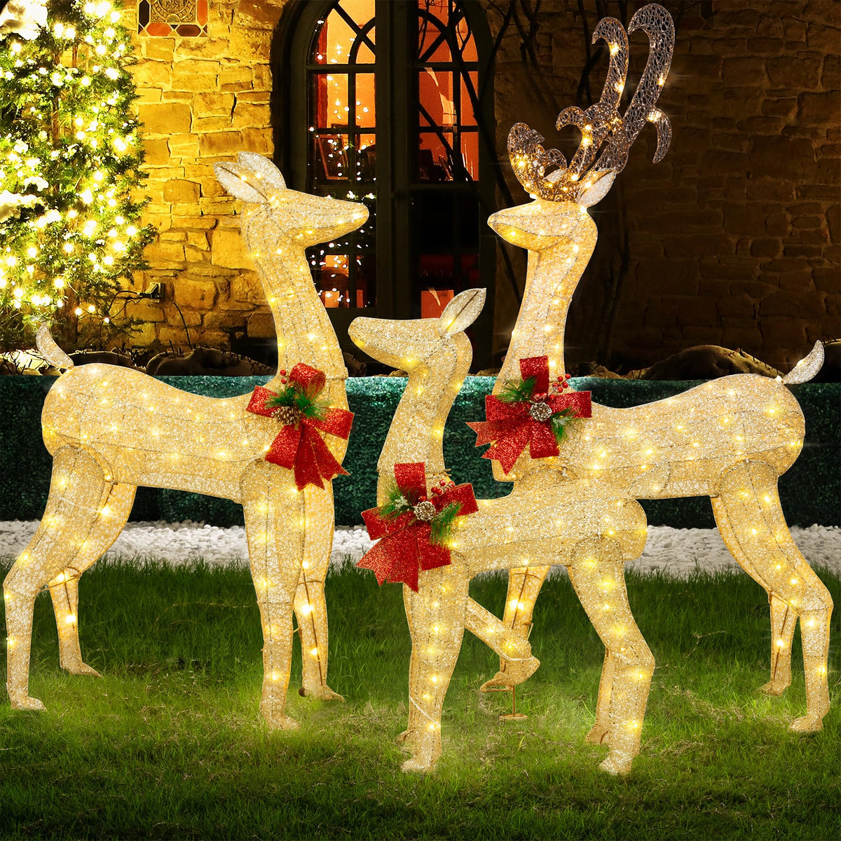Shintenchi 3-Piece LED Lighted Christmas Deer Outdoor Yard Decorations, 3D Super Large Christmas Reindeer Decor, Outdoor Lighted Holiday Deer with 360 LED Displays for Front Yards Garden Lawn Patio