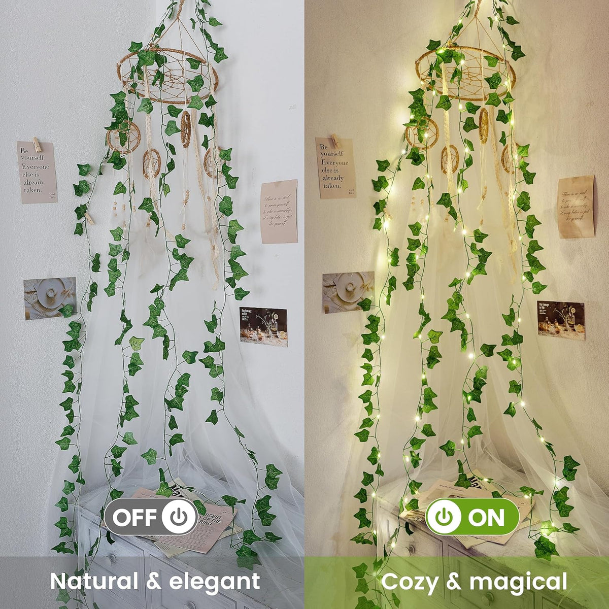 Skiennix Vine Leaf Fairy Lights - 23FT 73 LED Lighted Ivy Garland | Battery & USB Powered Warm White Decor