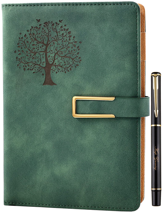Fanery Sue Tree of Life Refillable Writing Journal for Women&Men Faux Leather Hardcover Notebook A5 College Ruled 200 Lined Pages Lay-Flat Personal Diary with Pen&Magnetic Buckle (Tree of Life-Green)