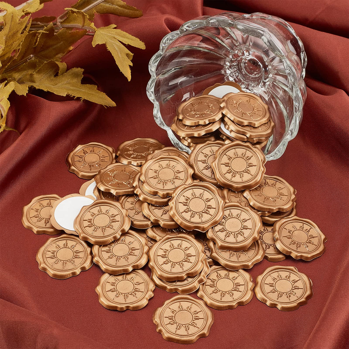 CRASPIRE 60pcs Adhesive Wax Seal Stickers Sun Wax Seal Stamp Stickers Self Adhesive Gold Vintage Wax Seal Envelope Stickers for Wedding Invitation Cards Party Favors Craft Gift