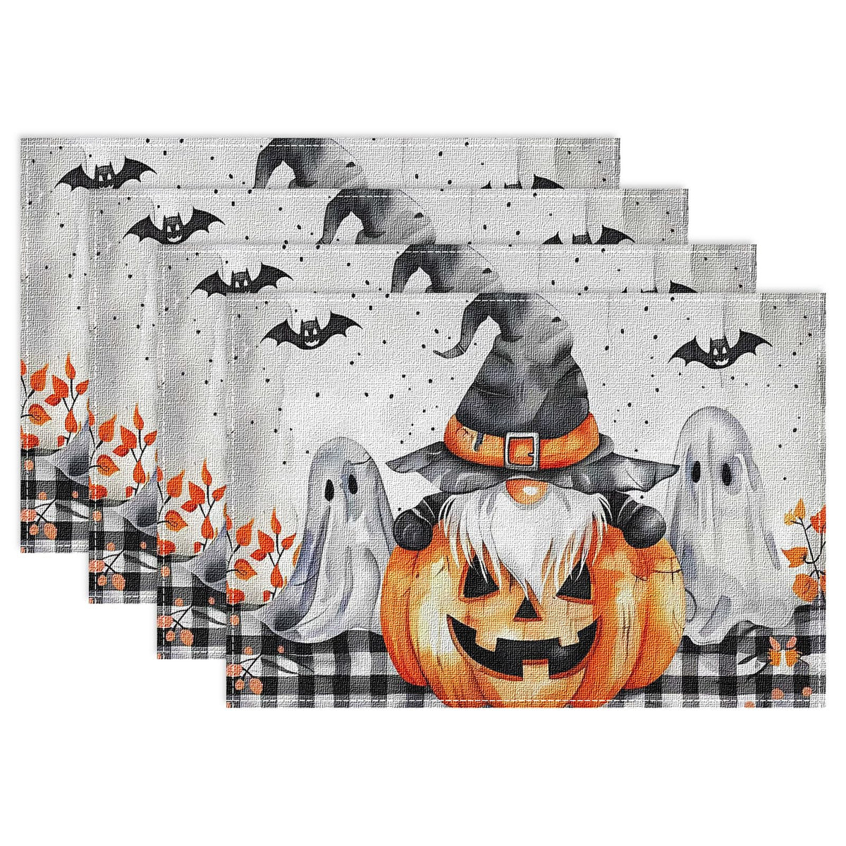 Niviy Buffalo Plaid Bat Ghost Pumpkins Halloween Placemats Set of 4, 12x18 Inch Horror Halloween Table Mats for Holiday Party Kitchen Dining Room Decoration