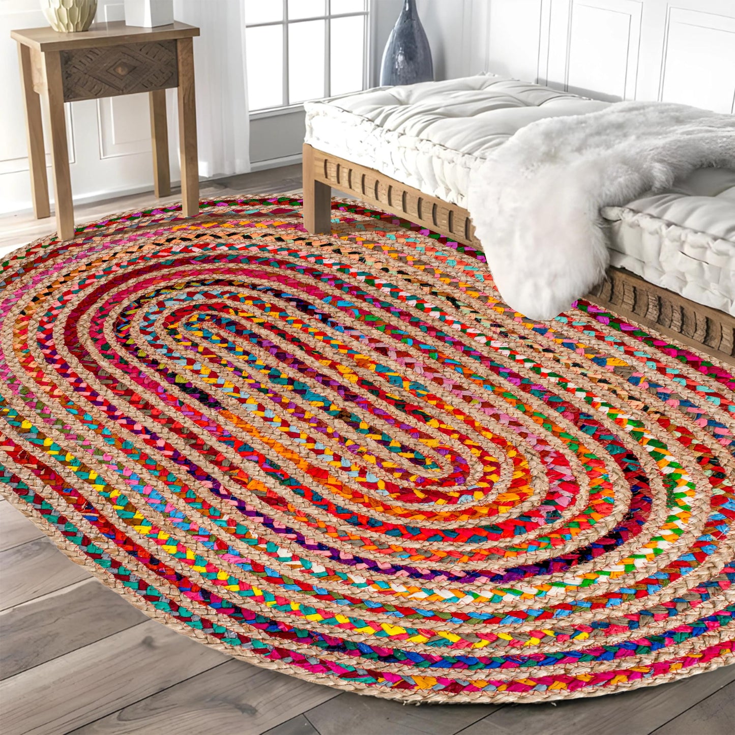 Savi Home Oval Jute Cotton Chindi Rug 3'x5' – Multicolor Braided Area Rug for Living Room, Kitchen, Entryway, Farmhouse & Bathroom – Handwoven Recycled Cotton Floor Mat