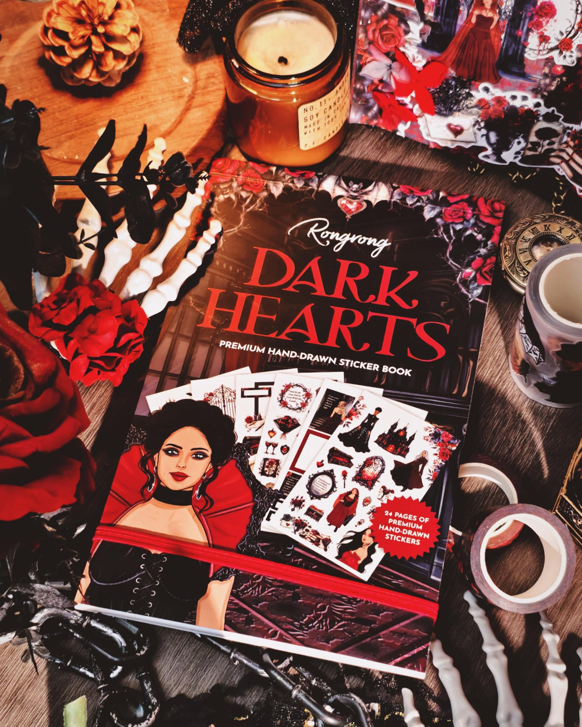 Rongrong Dark Hearts Halloween Planner Sticker Book – 24 Pages of Gothic, Vampire-Inspired Stickers – Perfect for Journals, Scrapbooks, Dark Academia & Spooky October Planner Spreads