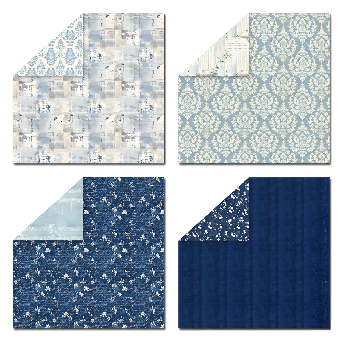 VIVIQUEN Navy Blue Vintage Floral Scrapbook Paper – 24 Sheets Double-Sided Botanical Designs with Antique Flower Textures, Acid-Free 160g Cardstock for DIY Crafts, Card Making, Scrapbook, Photo Albums