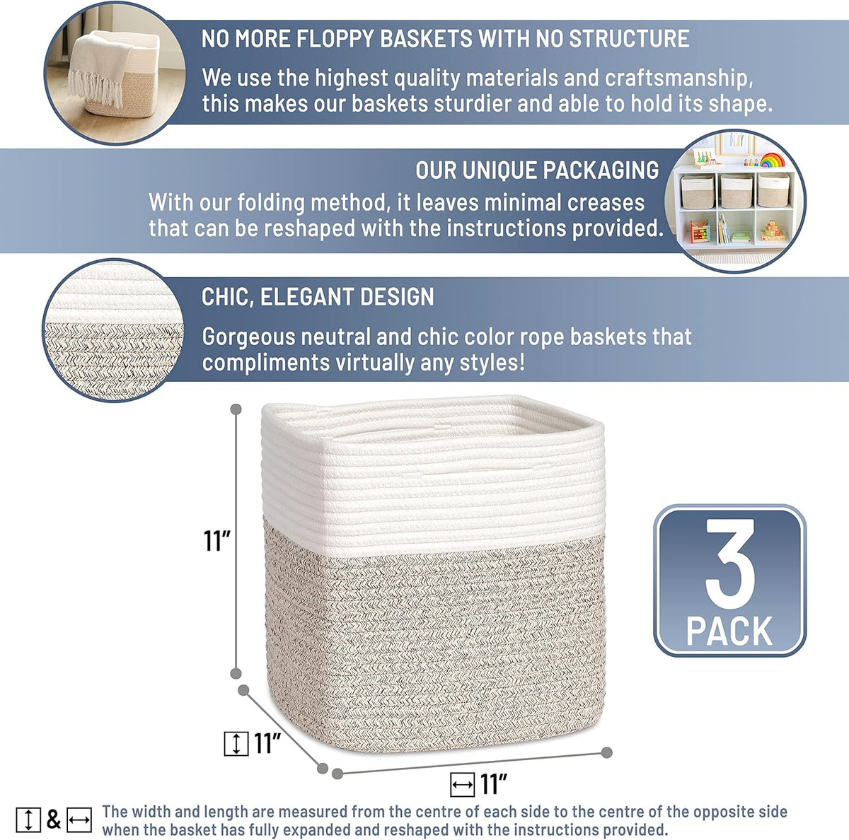 NaturalCozy Storage Cubes - 11-Inch Cotton Rope Baskets for Organizing | 3-Pack Cube Bin Set for Kids' Toys, Nursery, Closet