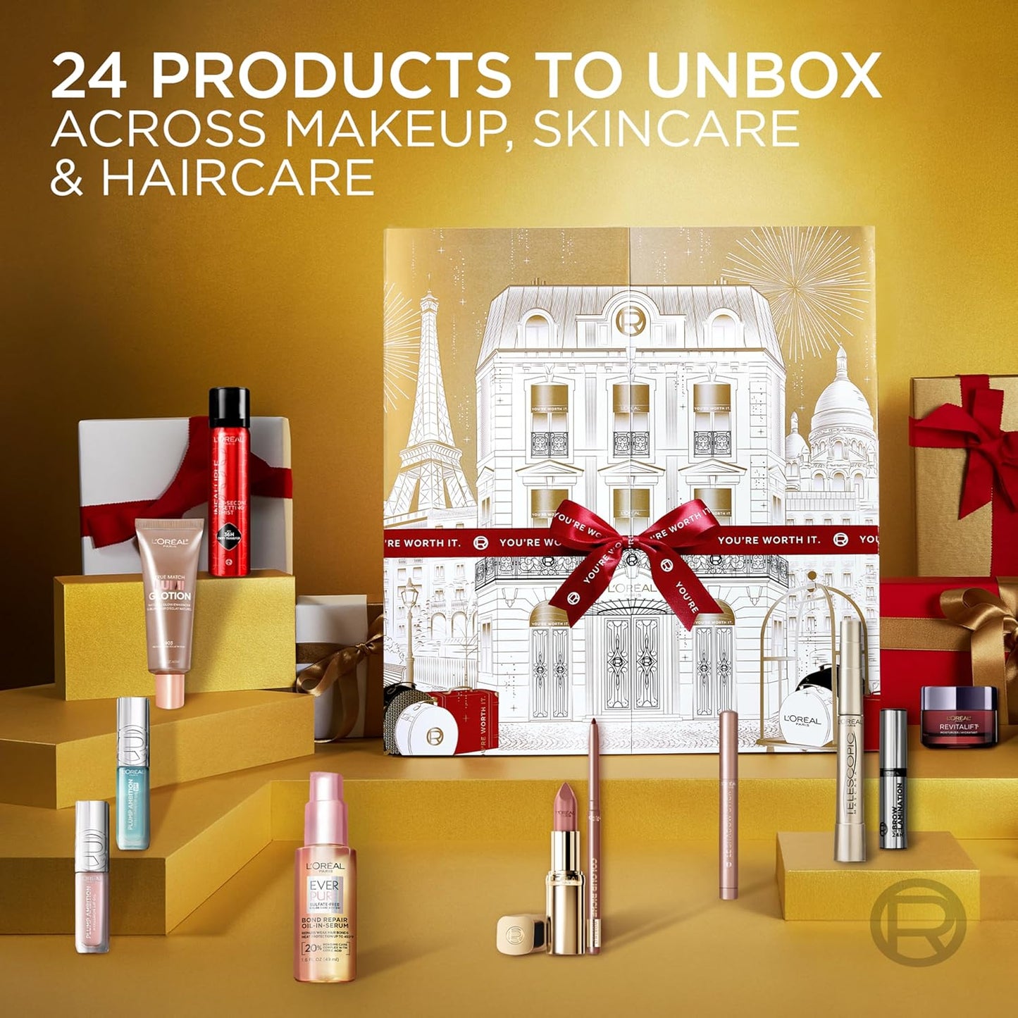 L'Oreal Paris 2025 Holiday Beauty Advent Calendar - Deluxe Makeup, Skincare & Haircare Gift Set