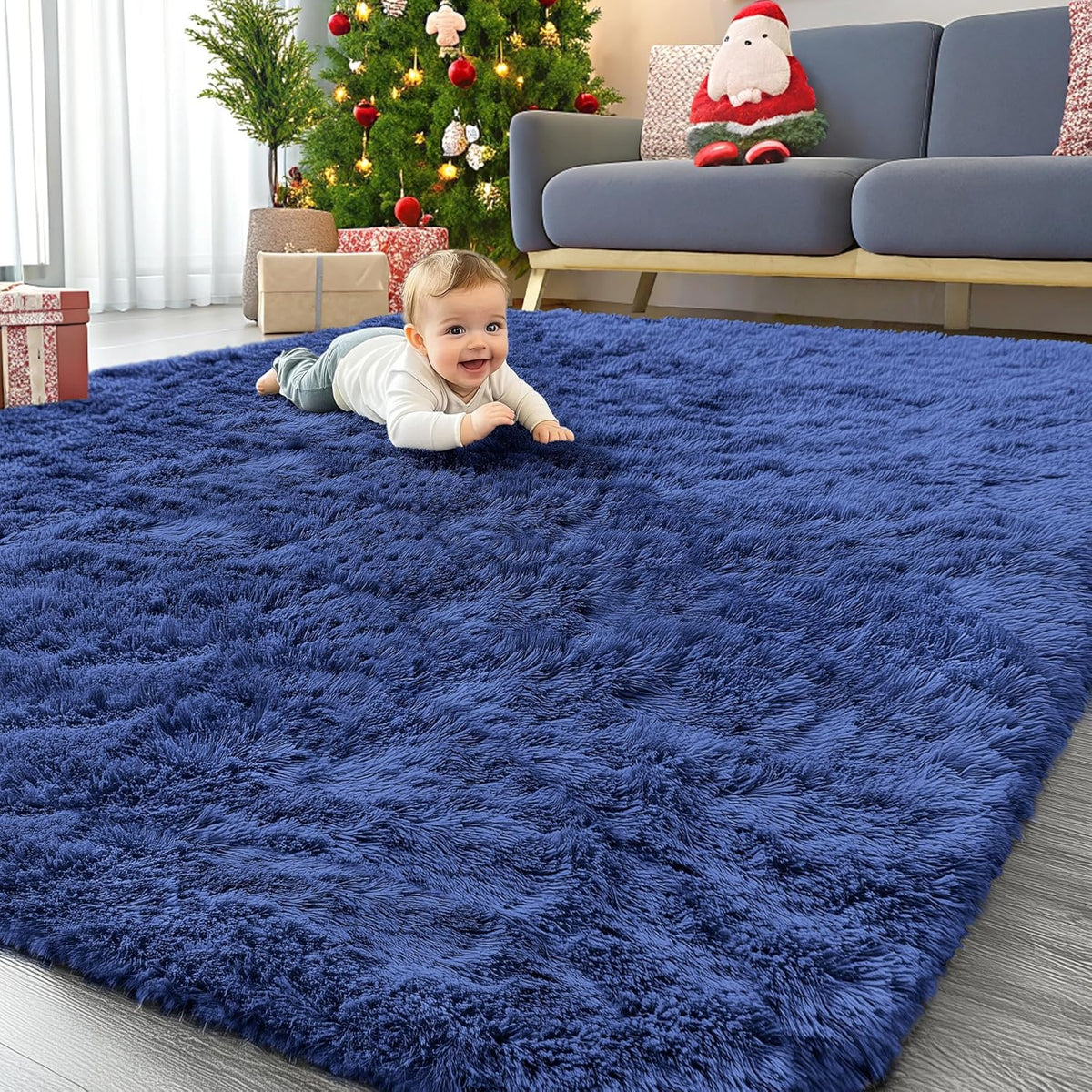 OLANLY Large Area Rug - Soft Fluffy Shaggy Carpet for Living Room & Bedroom | Navy Blue 6x8 ft