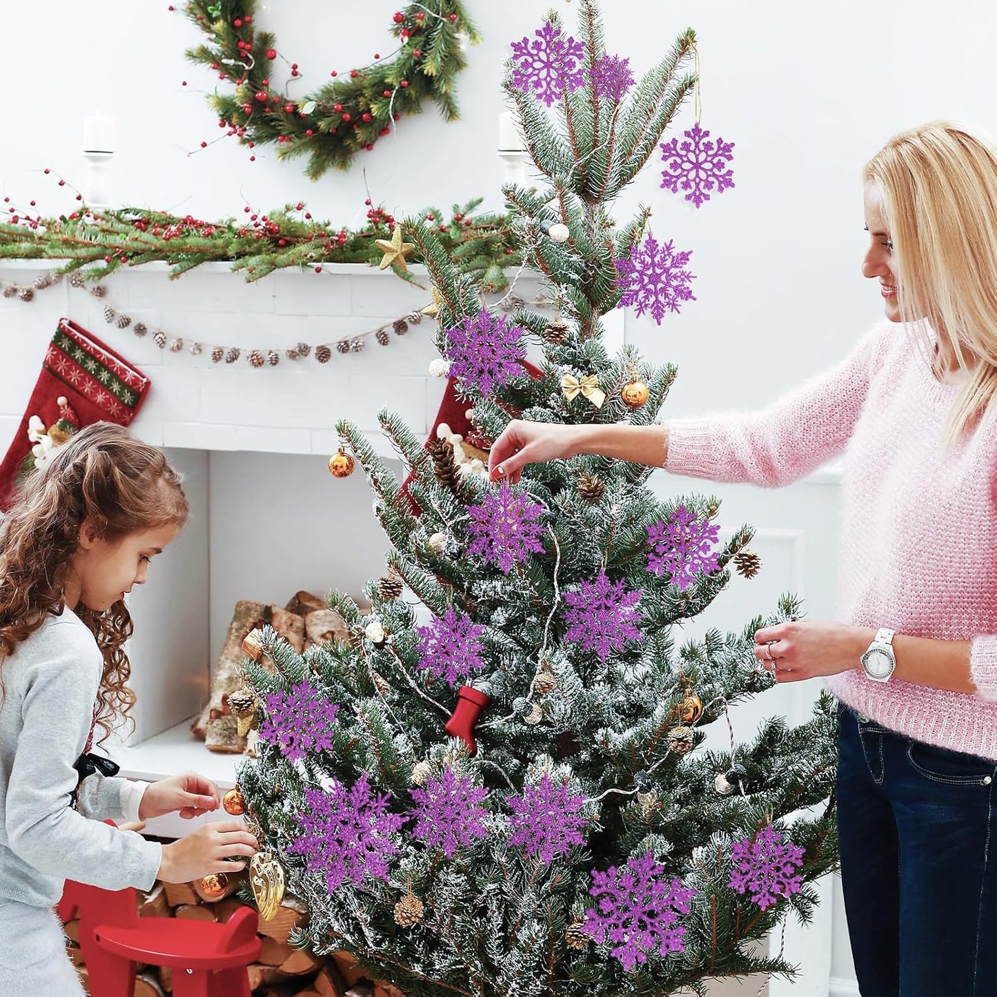 Skiennix 36pcs Christmas Light Purple Snowflake Ornaments - Plastic Hanging Decor for Holiday Home & Parties
