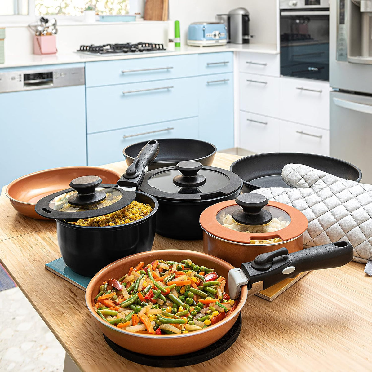 Moss & Stone Nonstick Cookware Set - 10-Piece Space-Saving Pans with Removable Handles | RV & Induction Ready