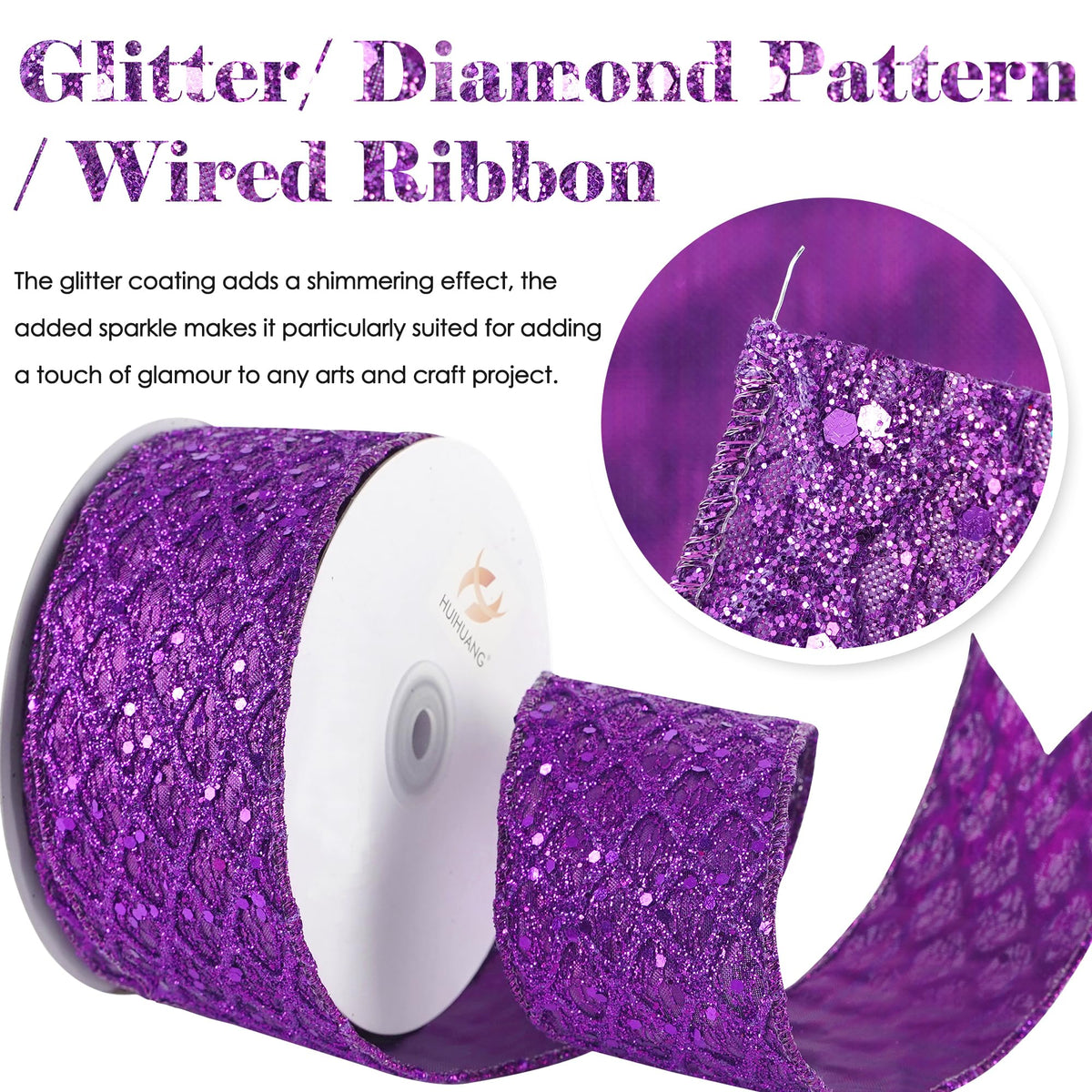 HUIHUANG Purple Wired Ribbon for Christmas Tree 2.5 inch Purple Glitter Diamond Mesh Ribbon for Tree Decoration, Wreaths, Garland, Gift Wrapping, Large Bows Making, Halloween Decor -10 Yards