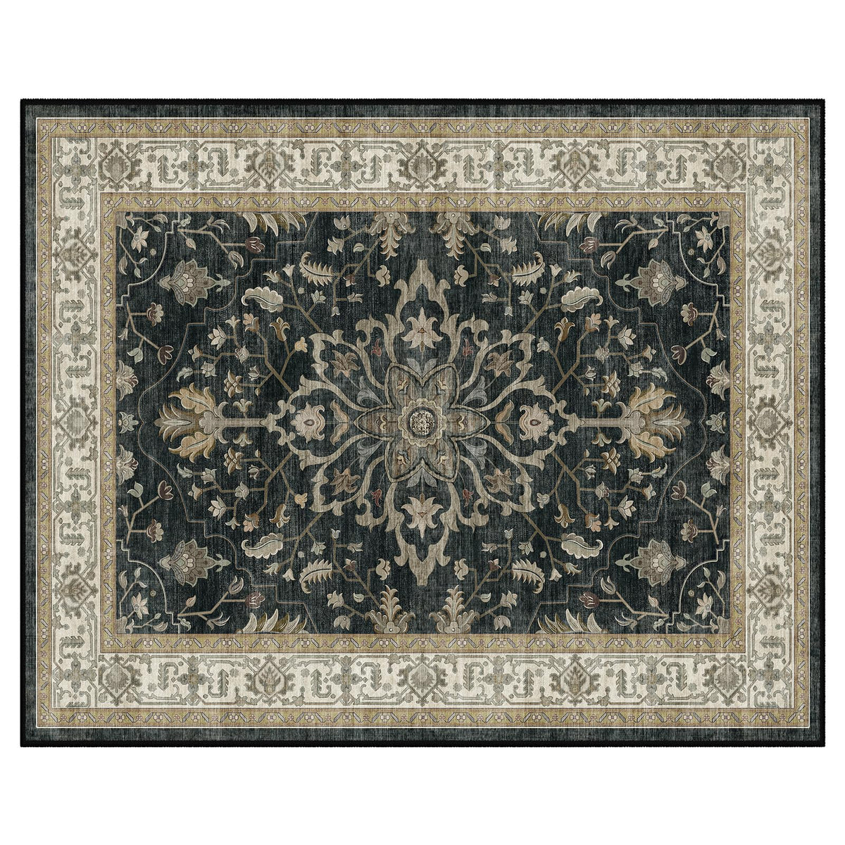RELEANY Area Rugs 5'x7' Washable Vacuum-Friendly, Non-Slip, Floral Vintage Distress Print Pattern Medallion Carpet for Living Room Bedroom Vintage Black Beige Brown