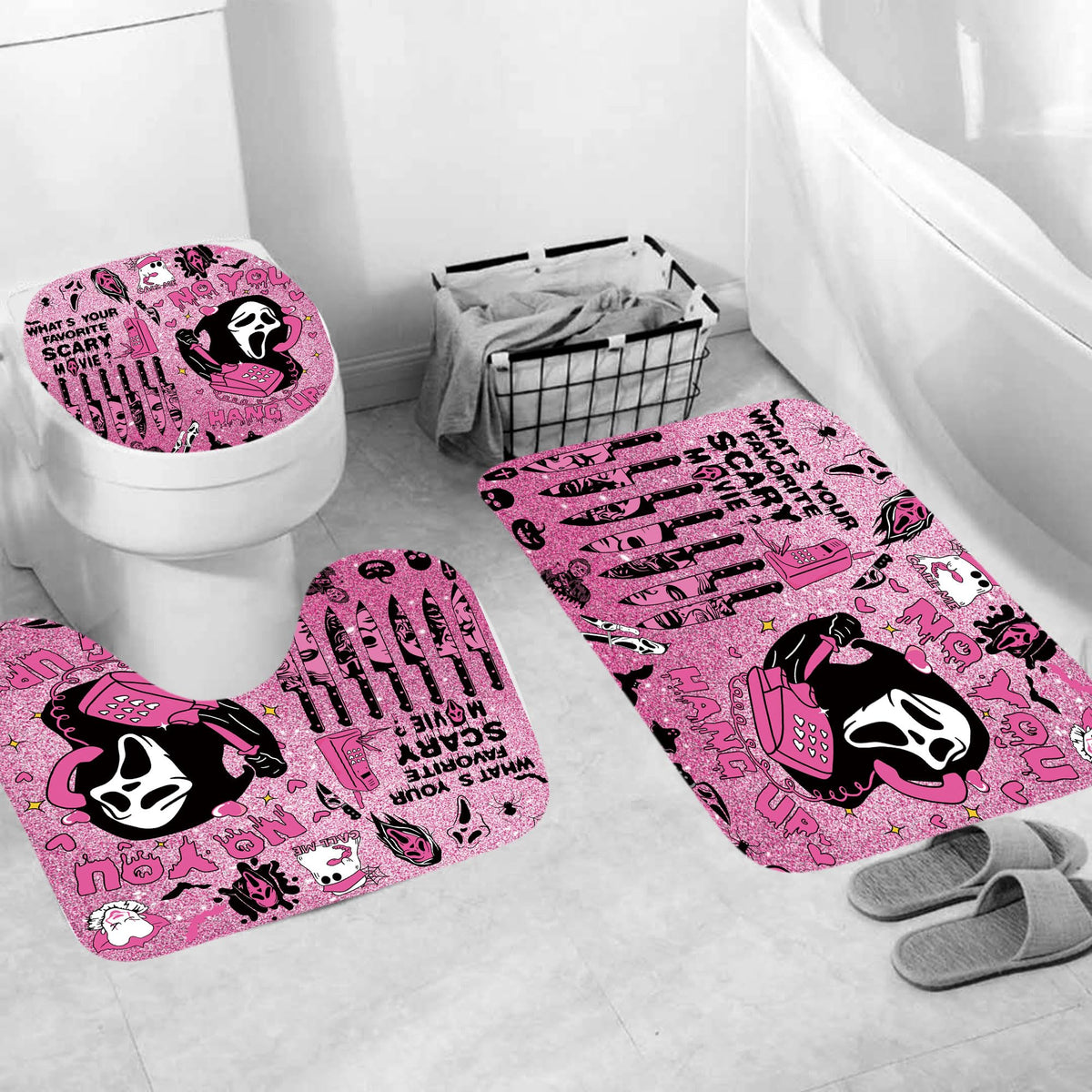 ONIBOGO 4Pcs Halloween Shower Curtain Set Gothic Pink Scary Shower Curtain Set for Halloween Bathroom Decor with Anti-Slip Waterproof Bathtub Bathroom Rugs Toilet Lid Cover