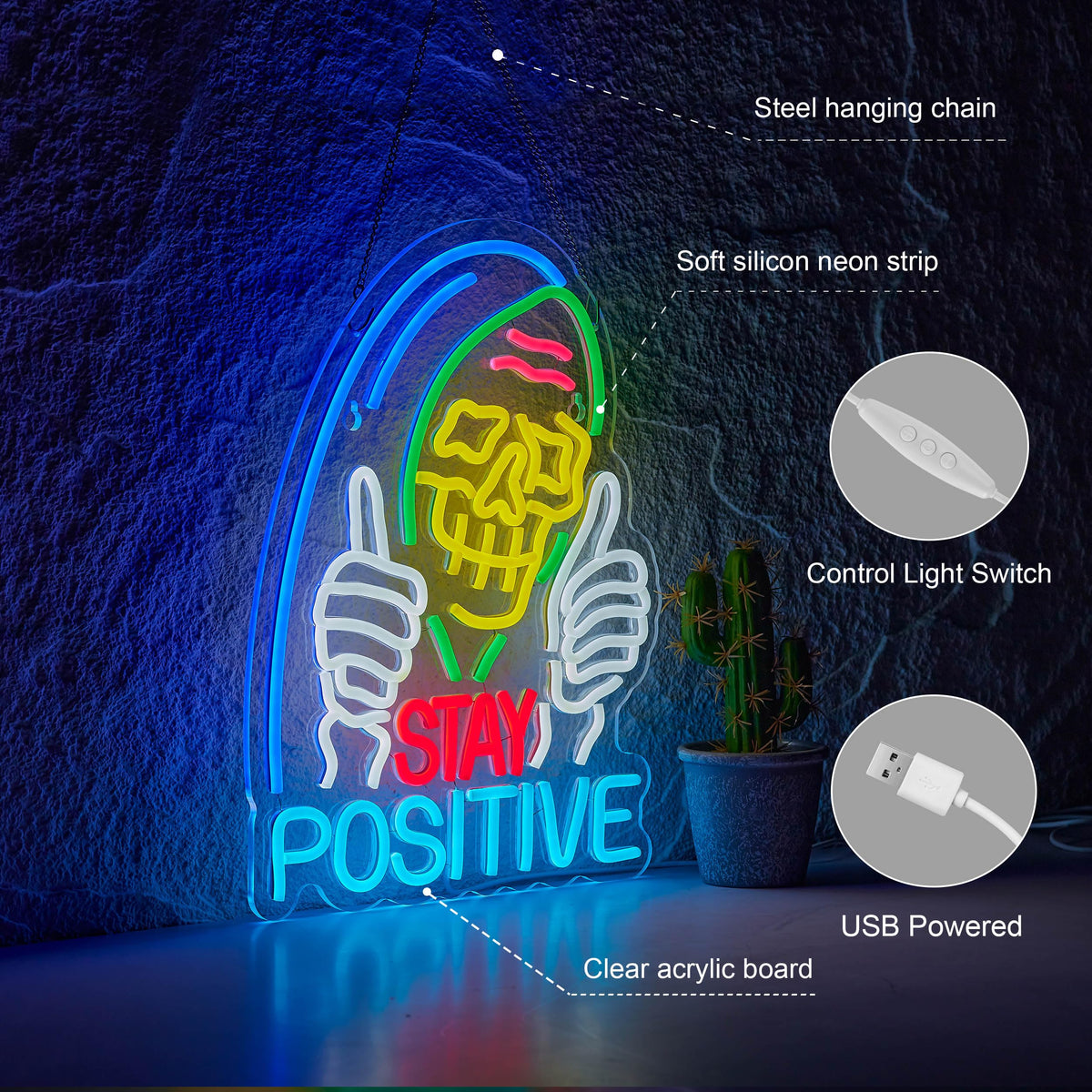 Stay Positive Skull Neon Sign for Wall Décor Dimmable USB LED Neon Light for Home Living Room Bedroom Halloween Decor Gifts