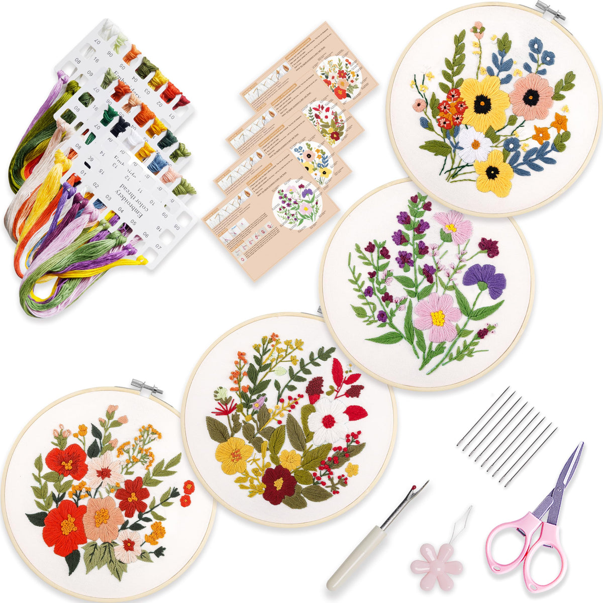 SevFan 4 Sets Embroidery Kit for Beginners Adults,Needlepoint Kits for Adults with Easy Stamped Floral Pattern Fabric Hand Crafts,Bamboo Hoop,Needle,Cloth,Embroidery Kit for Decor Home Room (flower-3)