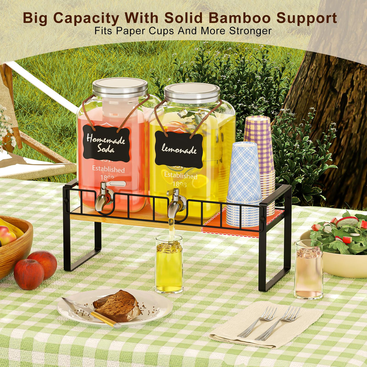 Zuyachuza 2-pack 1 Gallon Drink Dispenser,Glass Beverage Dispenser with Spigot,Lemonade dispenser Bamboo Stand for Outside, Glass Drink Dispensers for Parties with Ice Core
