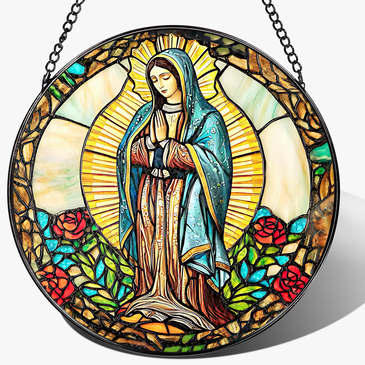 8 Inch Our Lady of Guadalupe Stained Glass Suncatcher, Stained Glass Window Hanging, Mexican Mom Window Hanging, Latin Mom Gift, Gifts for Mother's Day, Religious Gift, Gifts for Christian