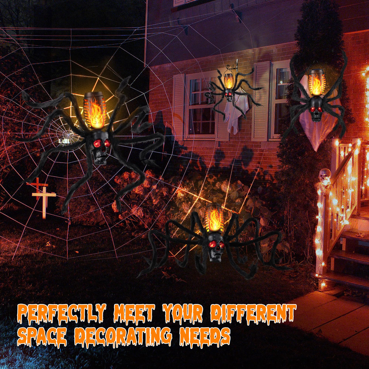 Halloween Skull Flame Lights with 8 Spider Tentacles 2 Pack- Solar Powered Outdoor Lighting Decoration for Halloween Parties, Gardens, and Haunted Displays (Orange, 2 Pack)