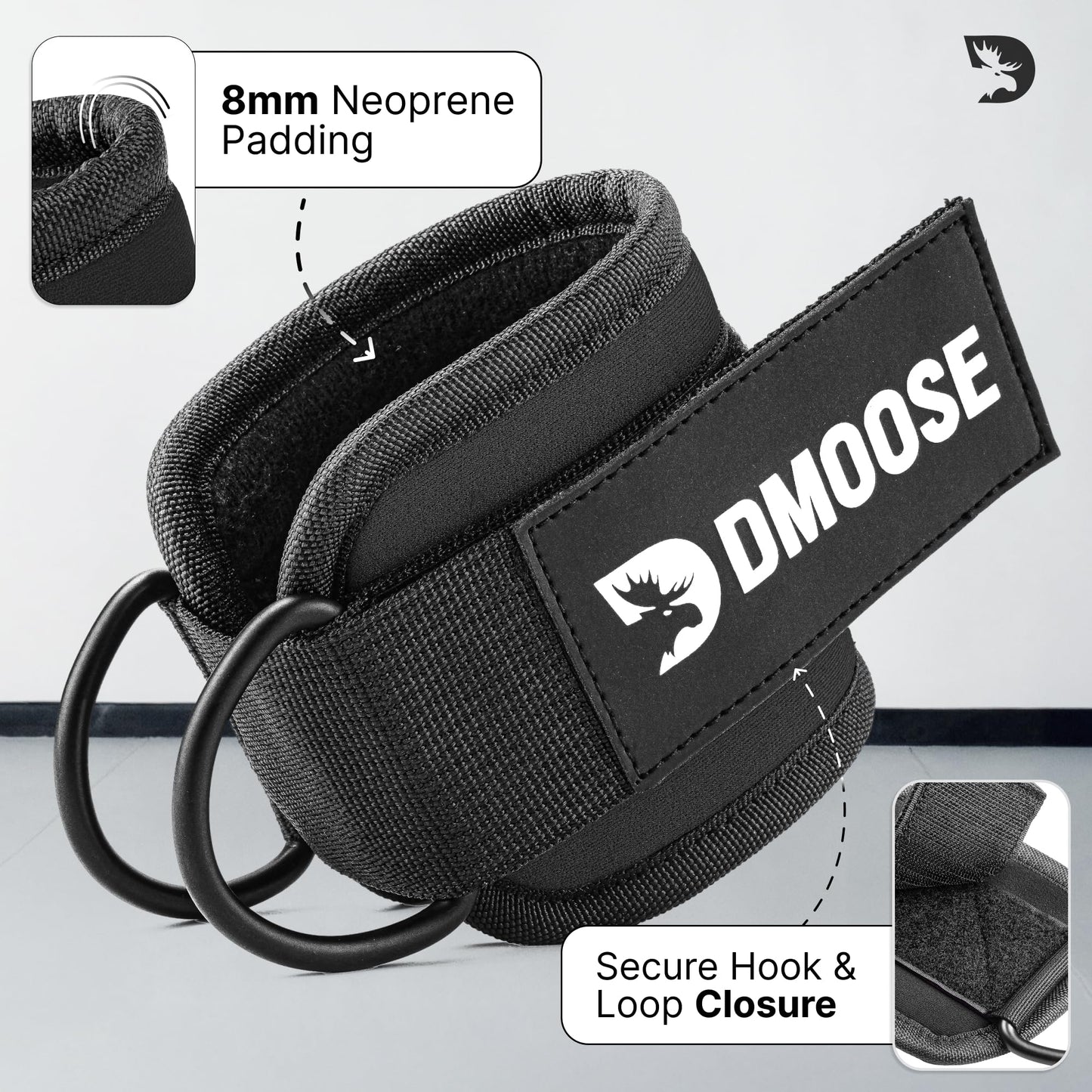 DMoose Ankle Strap for Cable Machine - One Size Fit with Premium Padding, Workout Kickback Ankle Cuffs, Ankle Bands for Working Out, Booty Workouts, Leg Extension, Hip Abductors & Lower Body Exercises