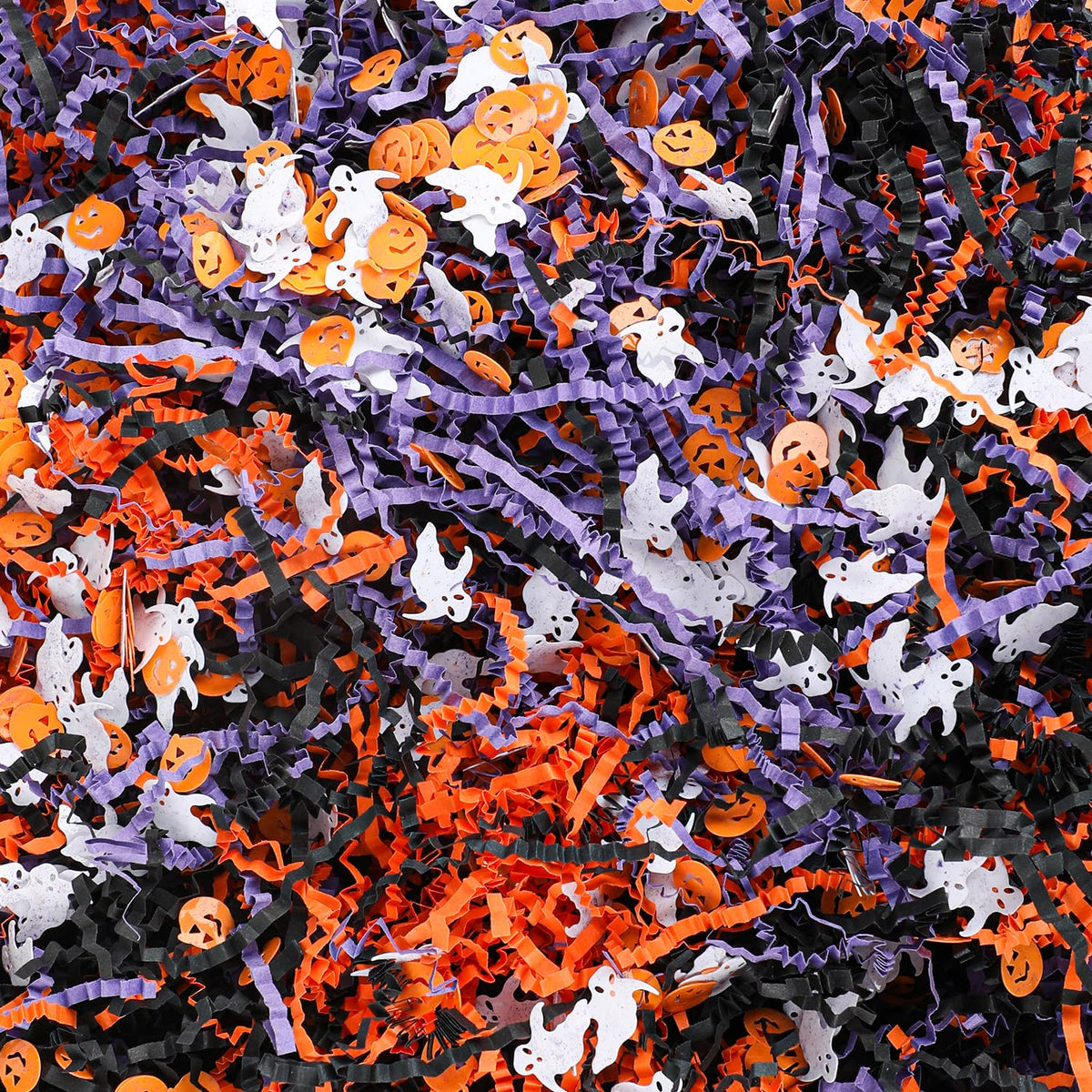 FOIMAS Halloween Crinkle Cut Paper,9.87oz Black Orange Purple Shred Raffia Paper with Pumpkin Ghost Confetti for Trick or Treat Halloween Bakset Gift Packaging Supply