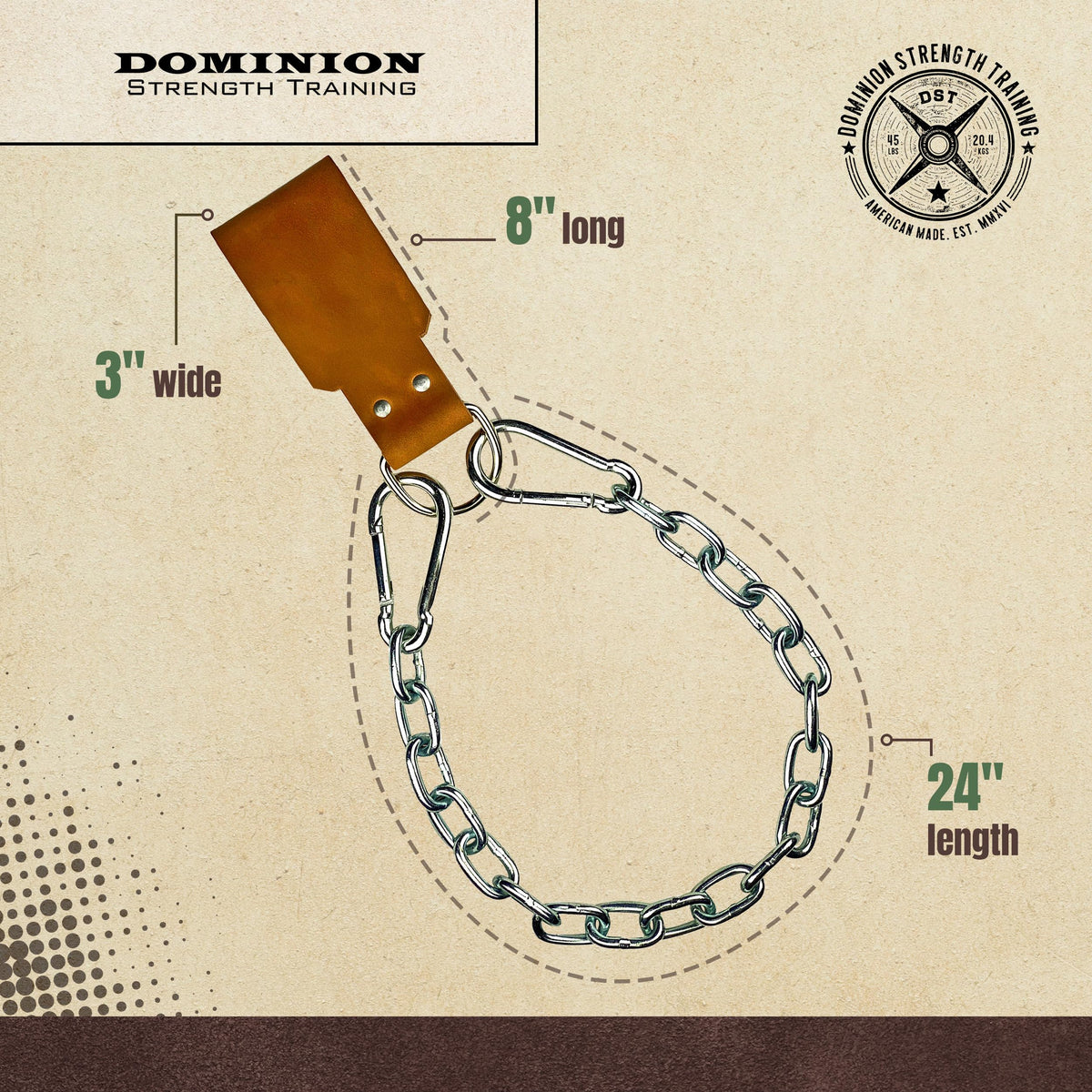 Leather Dip Belt Strap with Chain for Weight Lifting - For Weighted Dips and Pullups - Made in the USA