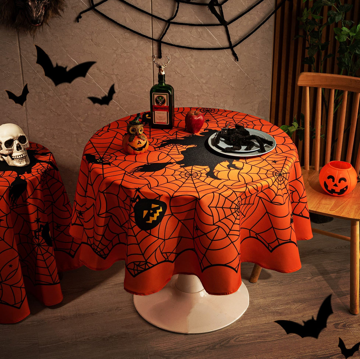 MikiUp Round Halloween Tablecloth - Spider Web Decorative Holiday Table Cloth, Waterproof and Washable Table Cover for Party Kitchen Dining Room Indoor, Cobweb/Orange 60 Inch