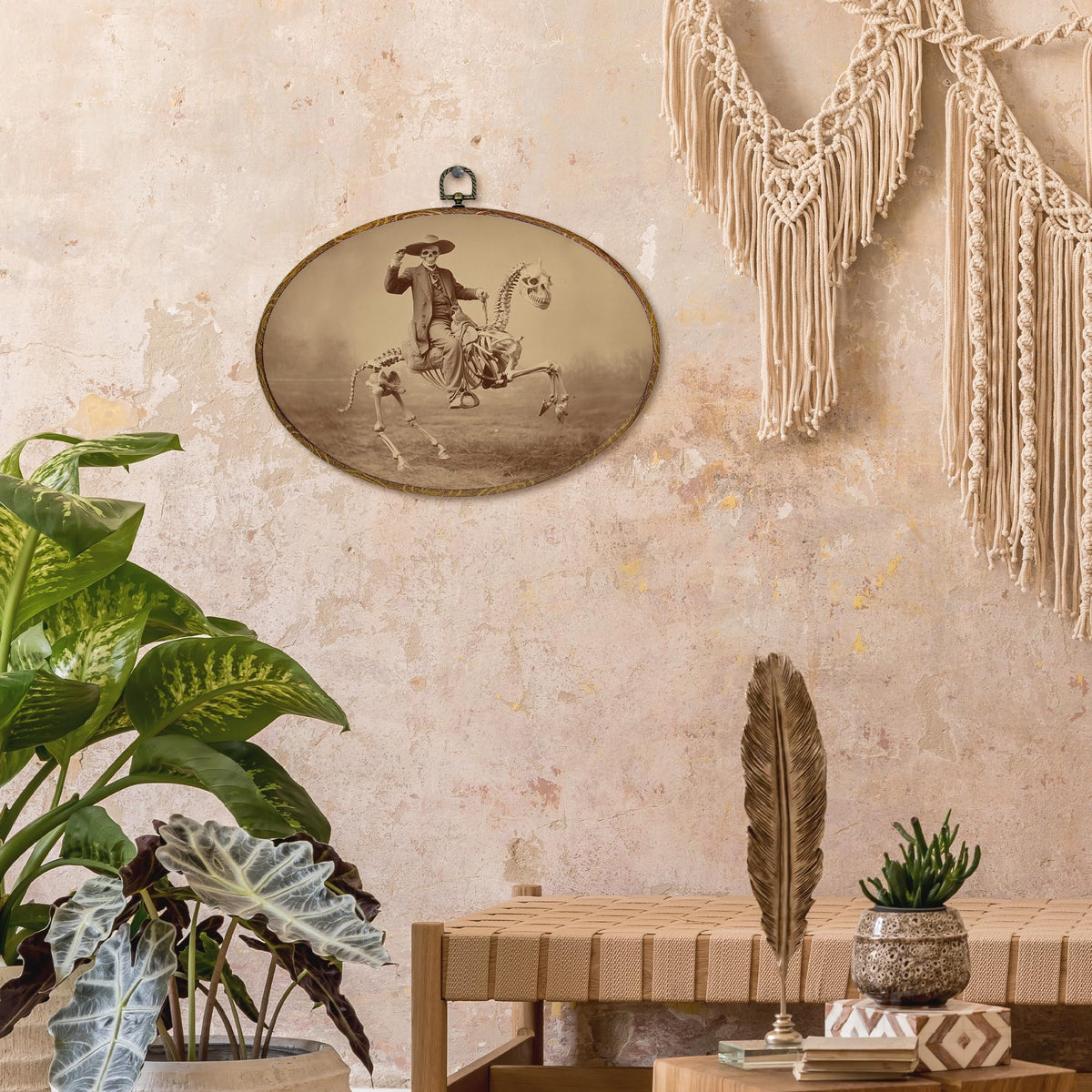 kdqua Funny Western Cowboy Skeleton Oval Wall Art Decor, Western Canvas Artwork Framed, Rustic Spooky Skeleton Skull Wall Hanging Decorations for Home Living Room Bedroom, 11.4x8.6 Inch