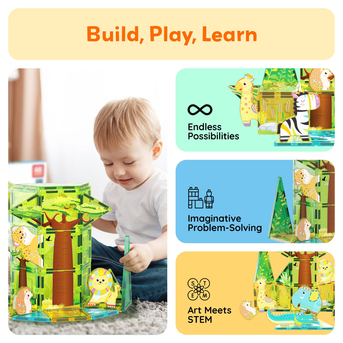 PicassoTiles Magnet Tile Building Block Safari Themed Set with 8 Compatible Magnetized Animal Action Figures Build Blocks Toddler Creativity Toys STEAM Educational Learning Skills Ages 3+ PTQ12
