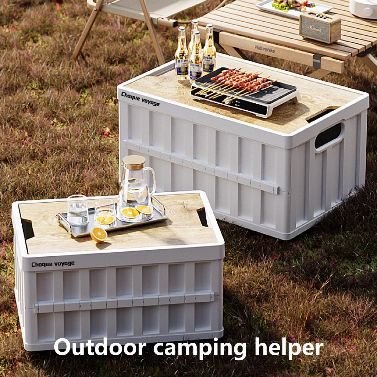 MEYINA 7.93-13.21 gallon large capacity camping folding box storage box organizing box, suitable for home, outdoor camping, car use - black, white, green (White stripes, 16.5x11x8.6)