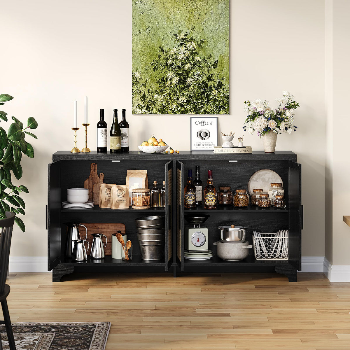 Garvee Natural Rattan Storage Cabinet with Shelves, 4-Door Sideboard Buffet Cabinet, Boho TV Stand Console Table for Living Room, Entryway, Dinning Room