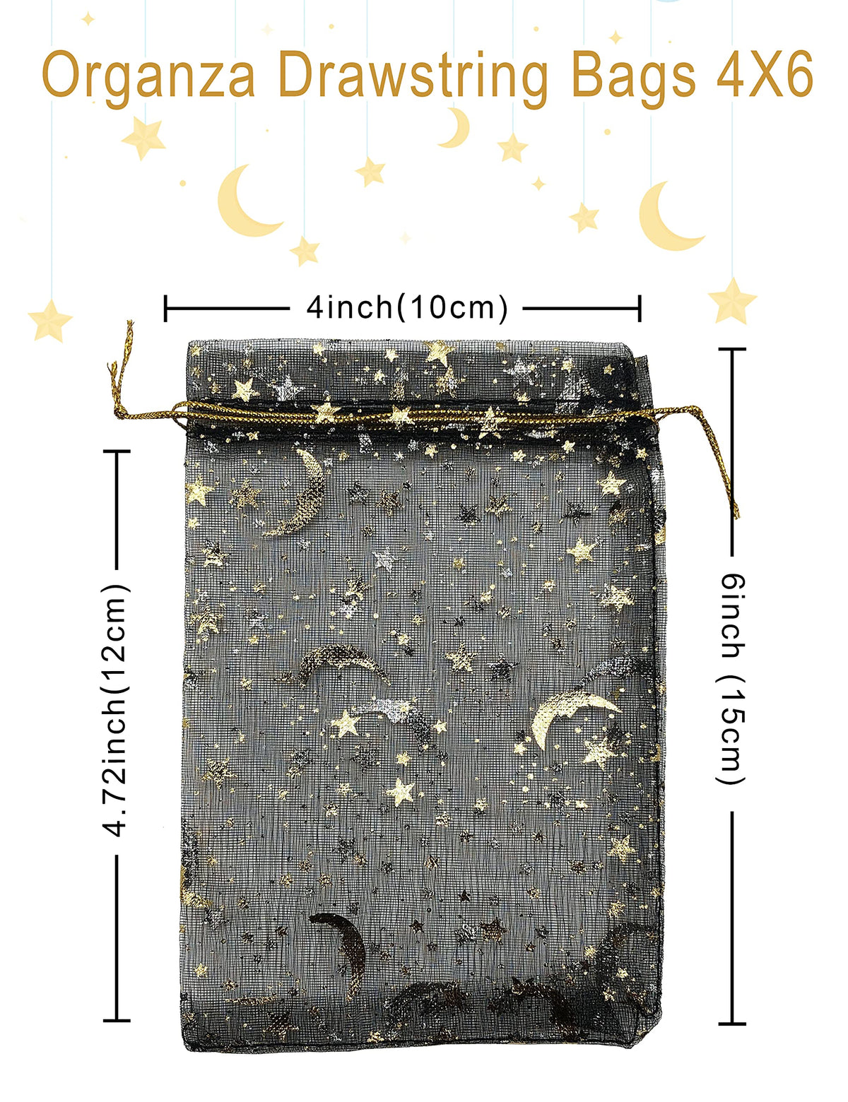 Jexila 100PCS Black Organza Gift Bags 4X6 Small Mesh Bags Drawstring Jewelry Pouch Halloween Goodie Treat Bag Moon Star for Birthday Party Favor Candy Bag