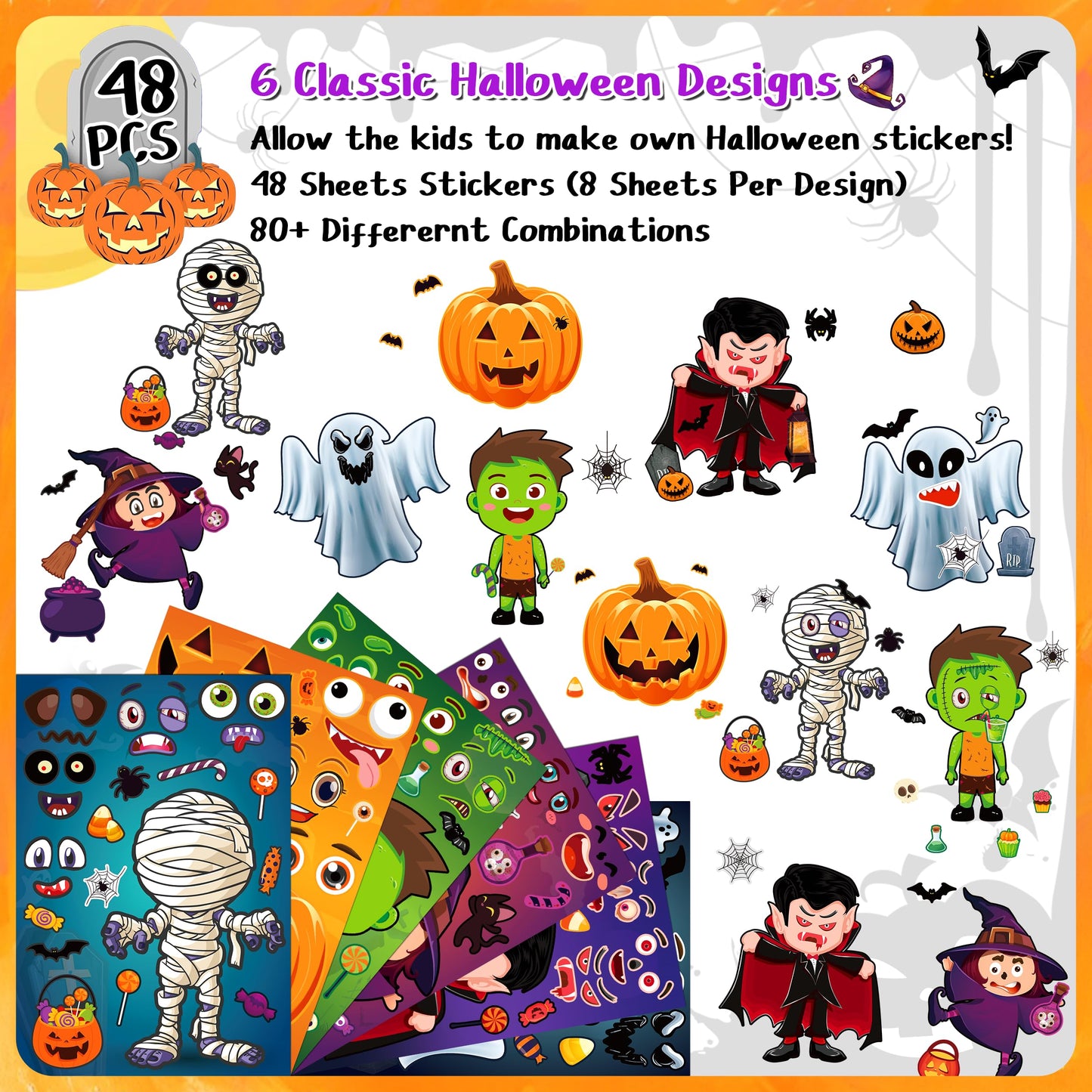 LINAYE 48 Sheets Halloween Stickers Crafts for Kids Toddlers, Make Your Own Stickers, Halloween Goodie Treat Bag Fillers Game Activities for Kids Toddlers Halloween Party Favors