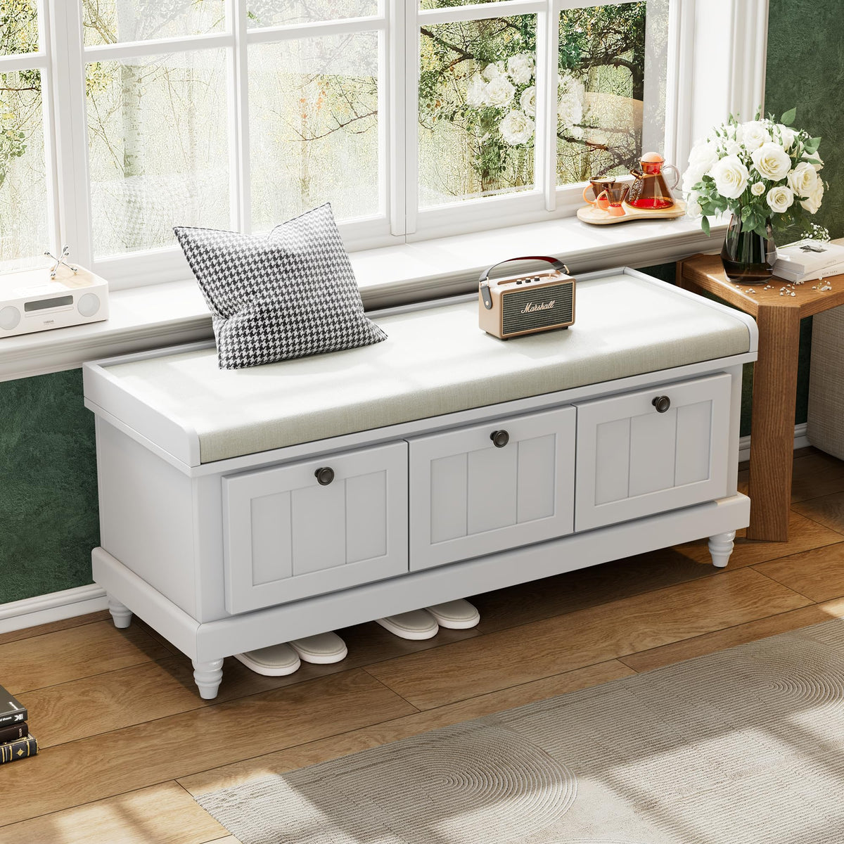 Merax Classic Storage Bench with Cushioned Seat and Three Drawers for Entryway & Living Room & Bedroom, Light Gray