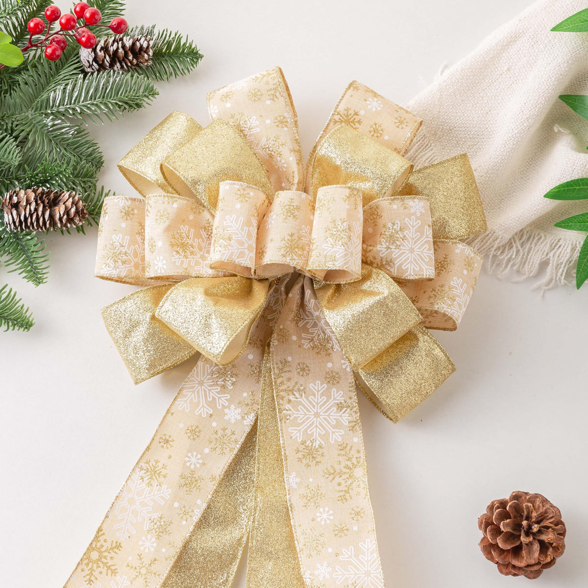 Christmas Tree Topper, 40x13 Inches Toppers Bow with Glitter Satin Mesh Streamer and Patterned Ribbon, Christmas Tree Topper Bow for Christmas Home Decoration (Gold)