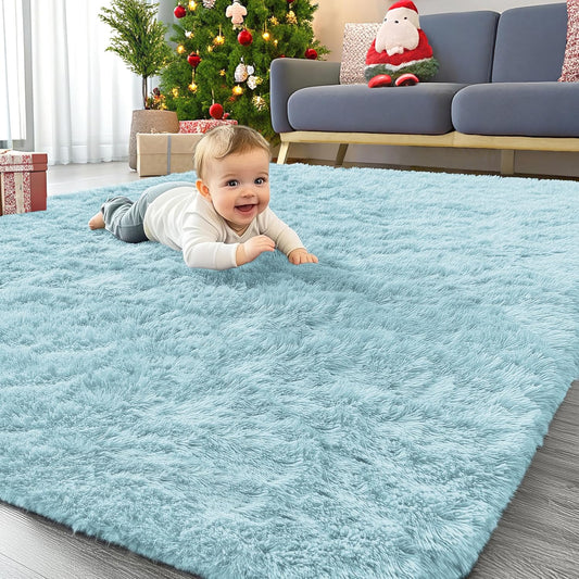 OLANLY Area Rug - Soft Fluffy Shaggy Design | Machine Washable 4x5.9 ft | Light Blue for Living Room & Bedroom
