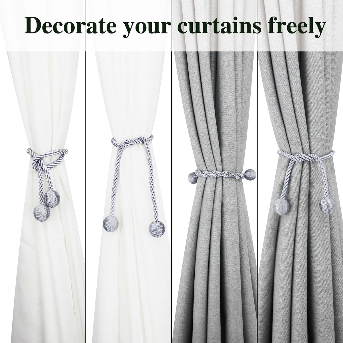 Nieffeiy Curtain Tiebacks Outdoor Elegant Decorative Tie Backs Modern Rope Tiebacks for Drapes Window Curtain Holdbacks for Draperies (Grey, 4)