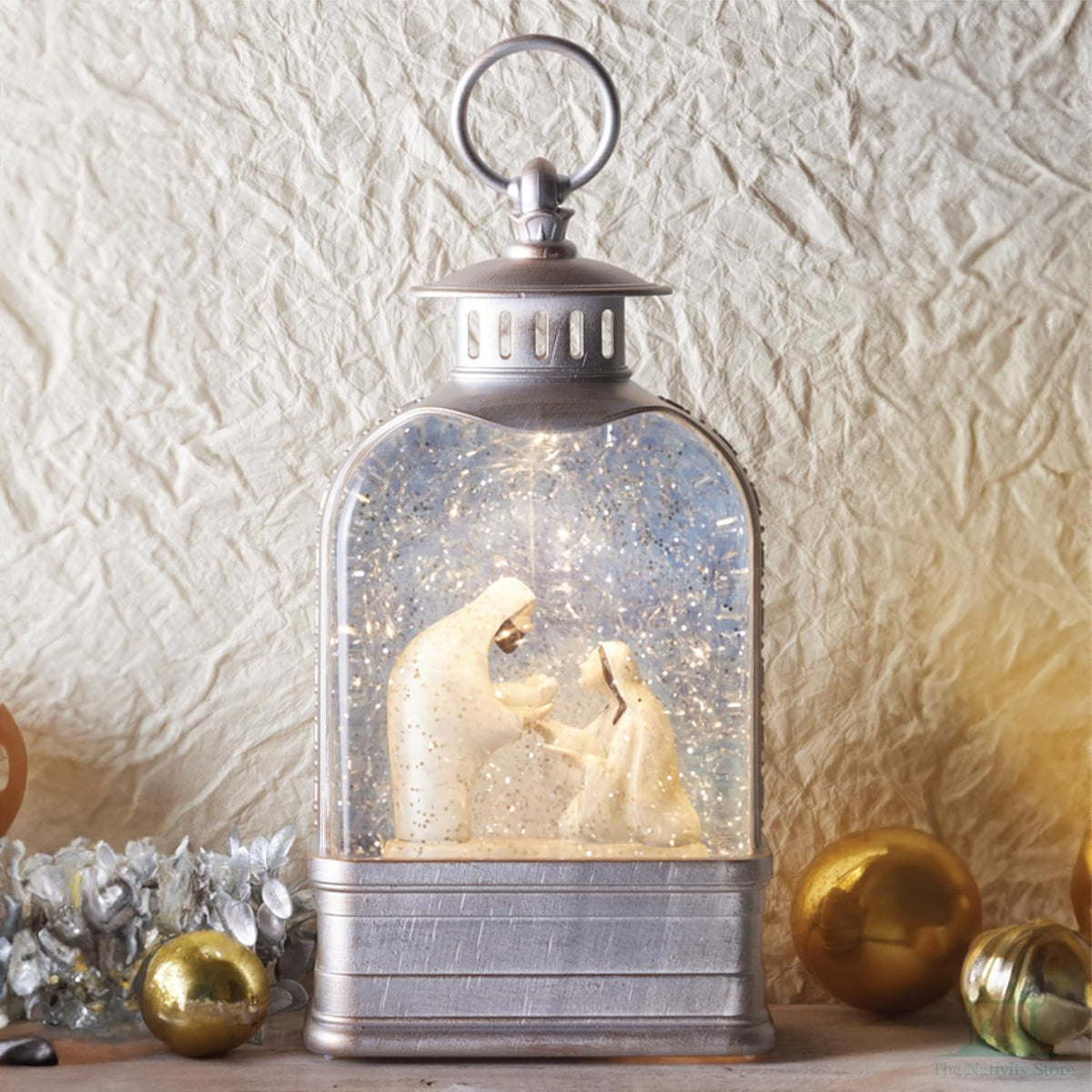 Love's Pure Light by Kate Lee - 10” Light-Up Nativity Lantern with Music | Glitter Snowglobe Manger Scene