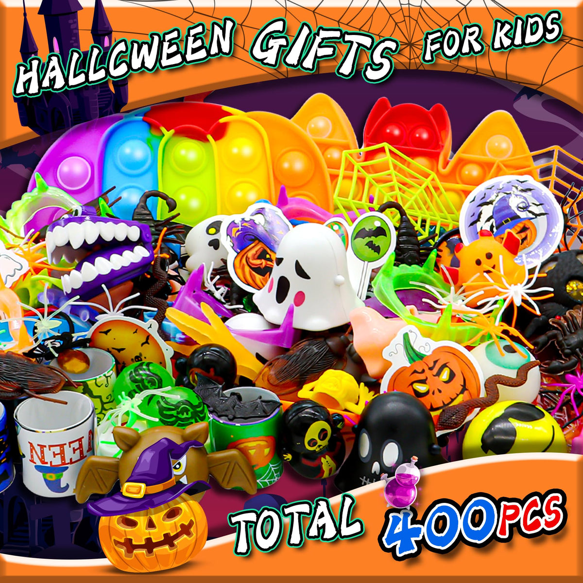 Olganicor 400PCS Halloween Party Favors for Kids, Halloween Treat Bag Fillers, Bulk Toys, Treasure Box Toys, Goodie Bag Stuffers, Carnival Prize Toy Classroom Reward