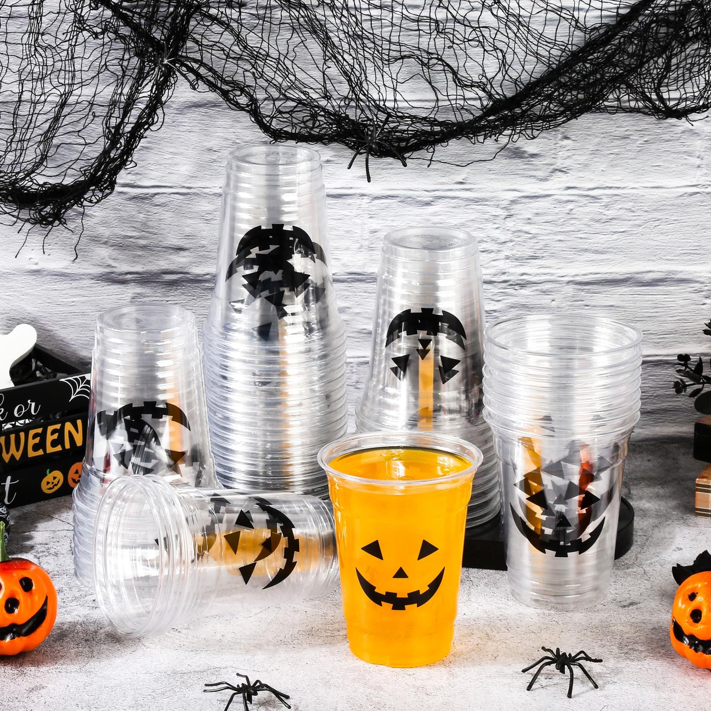 Pumpkin Face Plastic Cups Halloween Scary Disposable Party Cup Jack O Lantern 12oz Clear Cups for Candy Beverage Snacks October Trick or Treat Party Supplies (50)