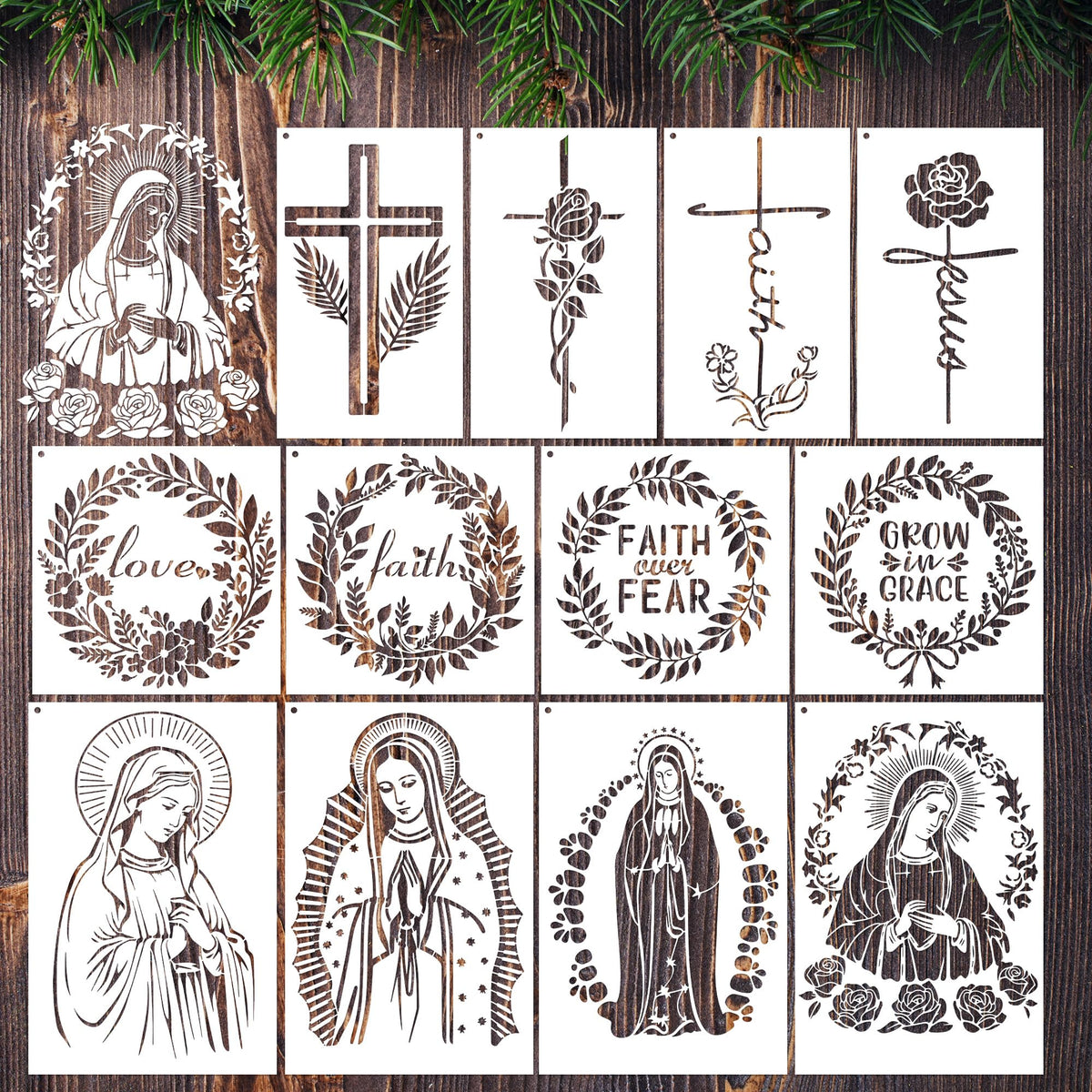 Sitsink Religious Stencils for Crafts Reusable - 12 Pcs Chiristian Cross Inspirational Stencils for Wood Burning Wall Furniture Decor Drawing Template
