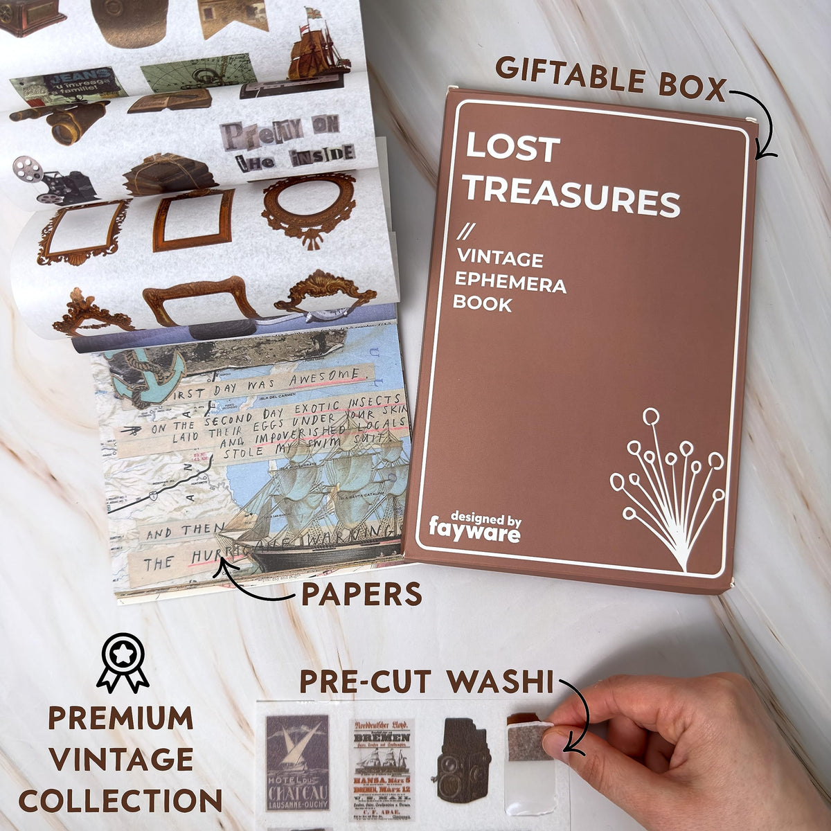 Fayware 411 Vintage Washi Stickers & 20 Scrapbook Papers Ephemera for Junk Journals & Scrapbooking
