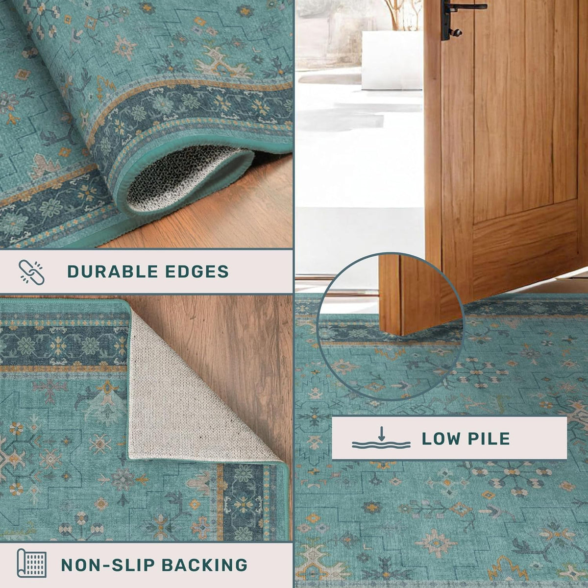 Skiennix Washable Large Teal Boho Living Room Rug - Soft Floral Design, Non-Slip & Stain Resistant, 10x12