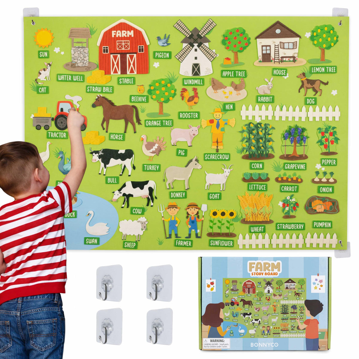 BONNYCO Felt Board for Toddlers with 92 Animal Farm Figures. Montessori and Sensory Toys, Birthday Gifts for Kids 3-8 Years Old. Educational Games, Learning Activities, Christmas